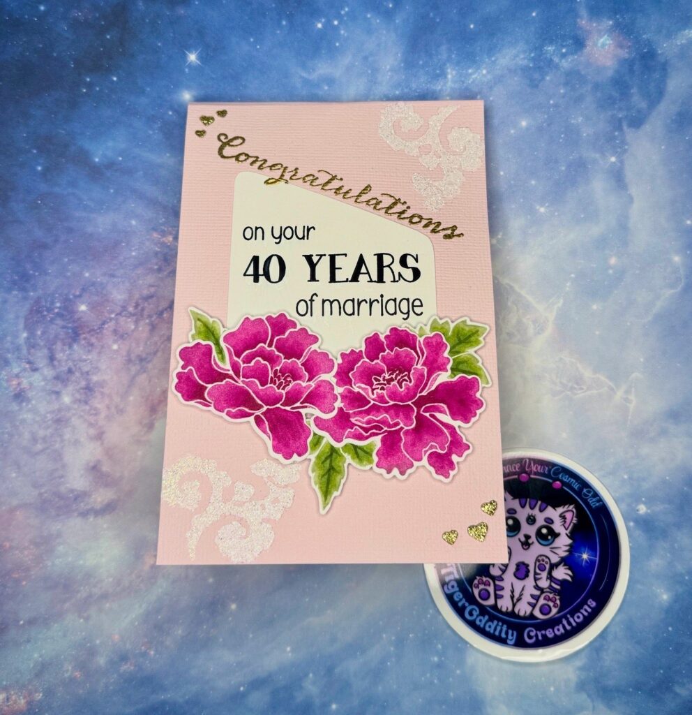 Handmade twist and pop accordion fold 4x6 40th anniversary card with custom otter, alpaca, eagle, bee, and penguin digital stamps by TigerOddity Creations. Pop-up card