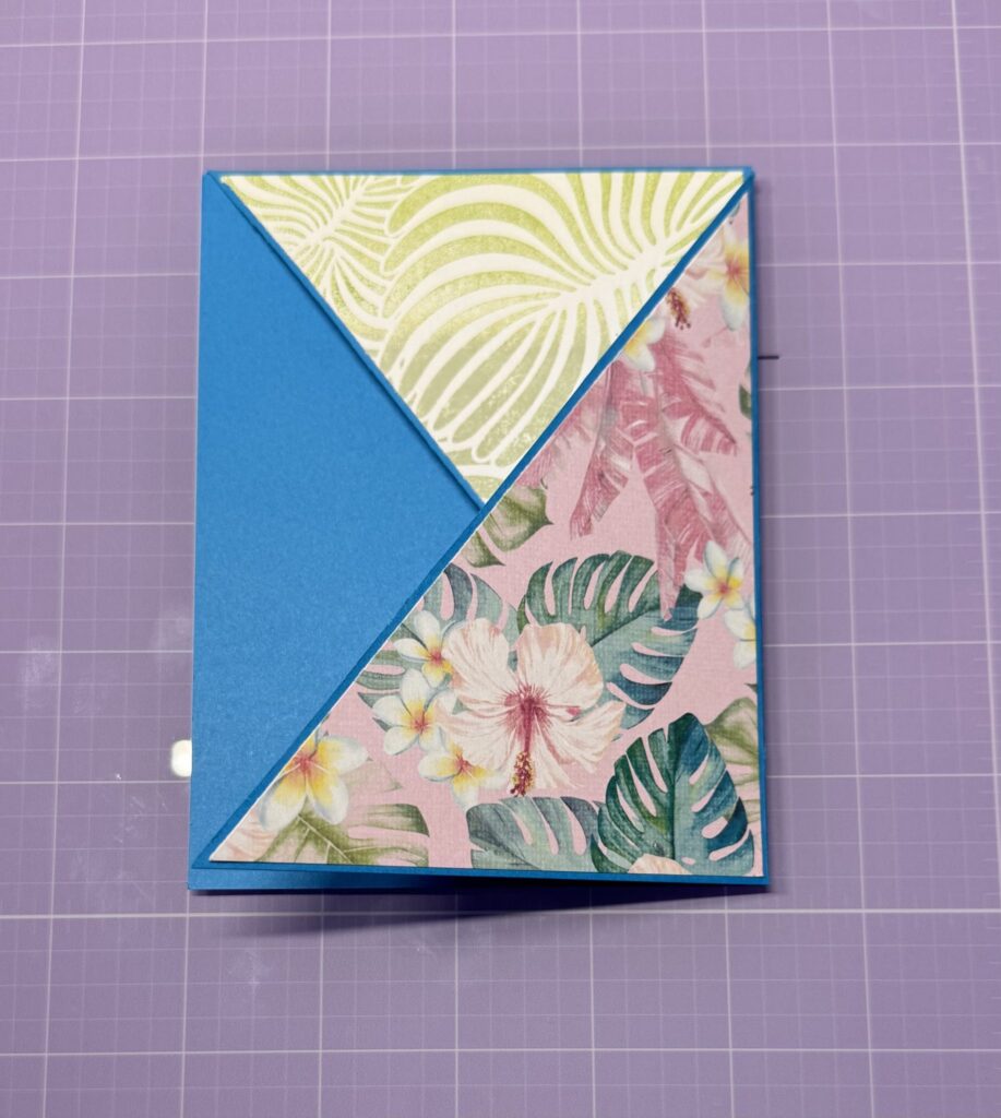 In-progress handmade family card ohana card using diagonal flap card layout, layers attached