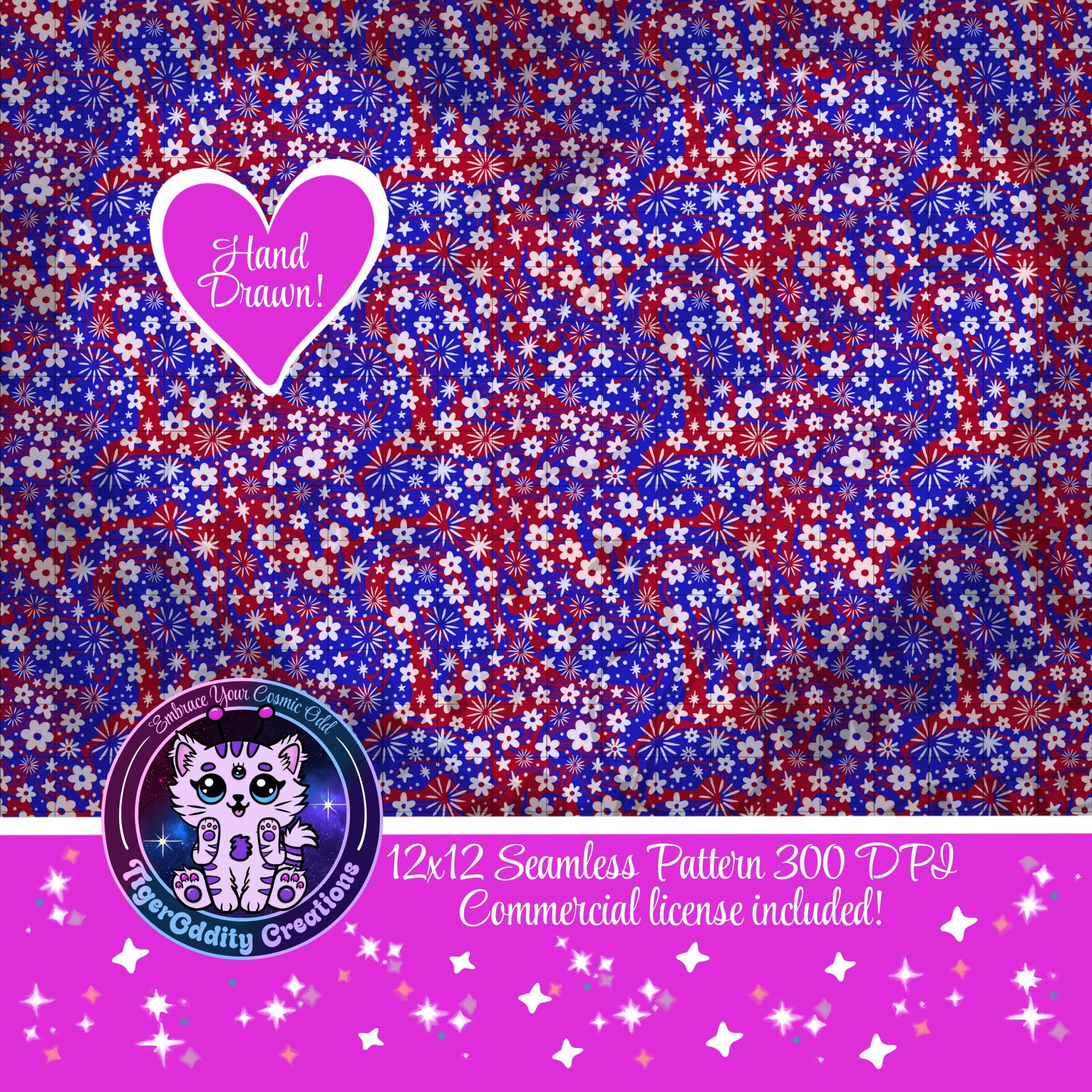 Patriotic Floral Burst Ditsy Floral Seamless Pattern Drawn Digital Paper Vinyl Fabric Surface Design PNG Sublimation July 4th Independence